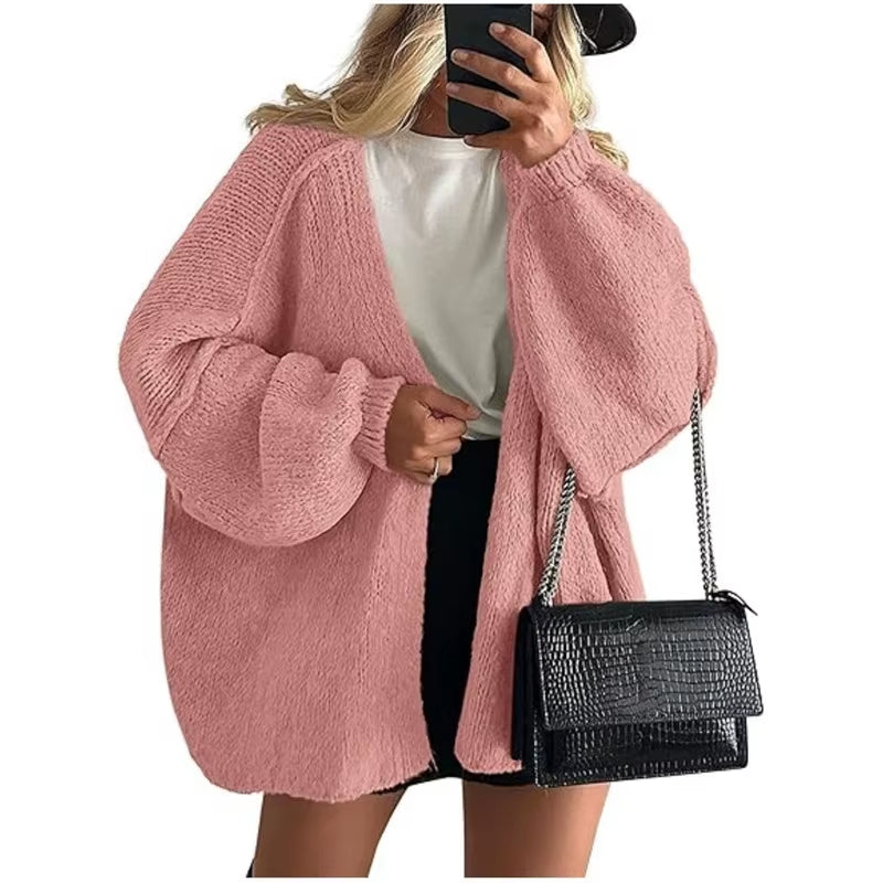 Elegant Fashion Solid Color Sweater Women Daily Commuter Casual Loose Cardigan Lady Autumn Winter Knitted Thickened Warm Tops