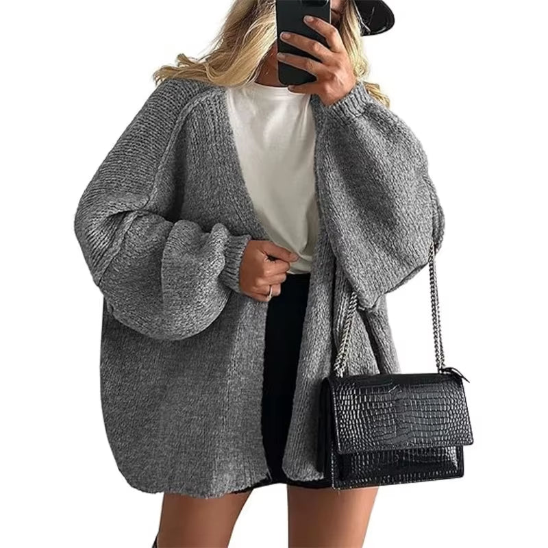 Elegant Fashion Solid Color Sweater Women Daily Commuter Casual Loose Cardigan Lady Autumn Winter Knitted Thickened Warm Tops