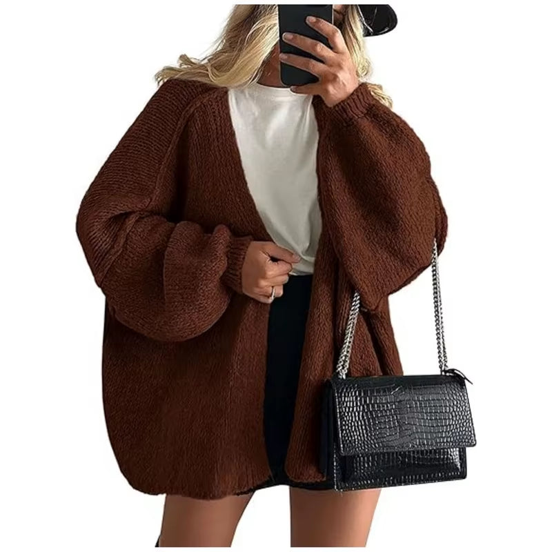 Elegant Fashion Solid Color Sweater Women Daily Commuter Casual Loose Cardigan Lady Autumn Winter Knitted Thickened Warm Tops